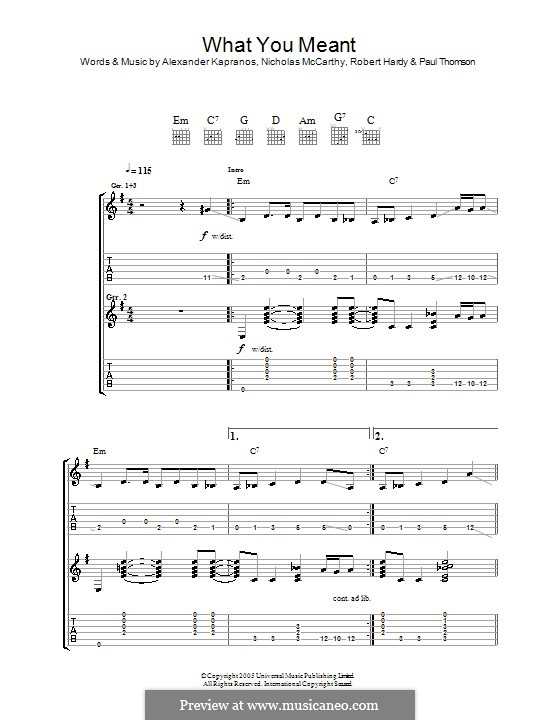 What You Meant (Franz Ferdinand): For guitar with tab by Alexander Kapranos, Nicholas McCarthy, Paul Thomson, Robert Hardy