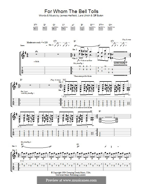 For Whom the Bell Tolls (Metallica) by C. Burton, J. Hetfield, L. Ulrich on MusicaNeo