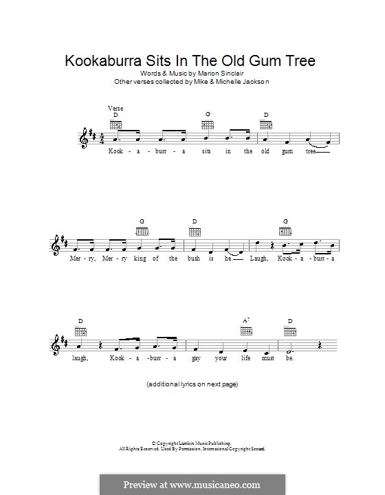 Kookaburra Sits In The Old Gum Tree Lyrics Original Kookaburra Sits in the Old Gum Tree by M. Sinclair on MusicaNeo