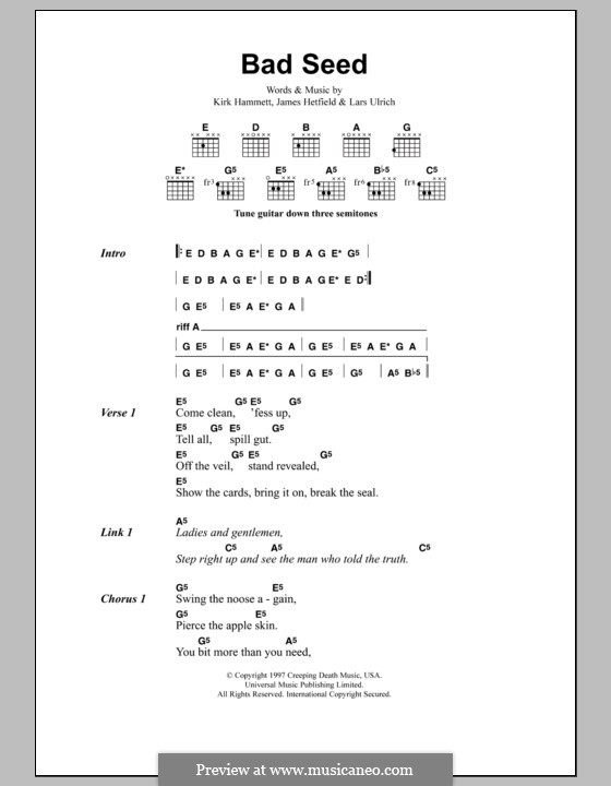 Bad Seed (Metallica): Lyrics and chords by James Hetfield, Kirk Hammett, Lars Ulrich