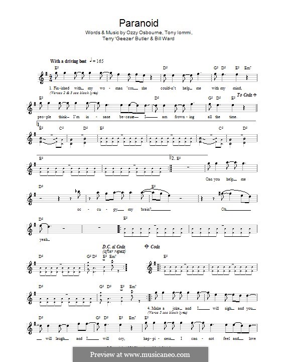 paranoid ozzy osbourne chords