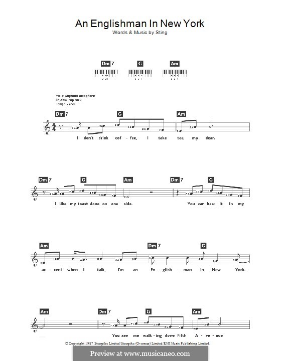An Englishman In New York by Sting sheet music on MusicaNeo