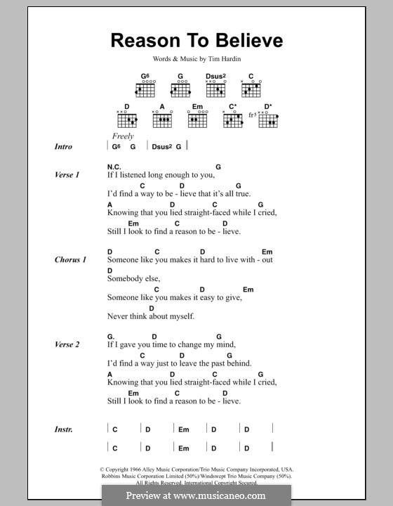 Reason To Believe by T. Hardin - sheet music on MusicaNeo