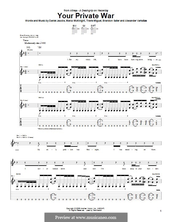 Your Private War (Atreyu): For guitar with tab by Daniel Jacobs, Alexander Varkatzas, Brandon Saller, Marco McKnight, Travis Miguel