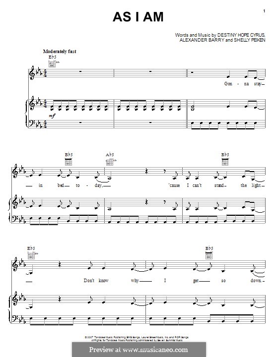 As I am (Hannah Montana): For voice and piano (or guitar) by Alexander Barry, Destiny Hope Cyrus, Shelly Peiken