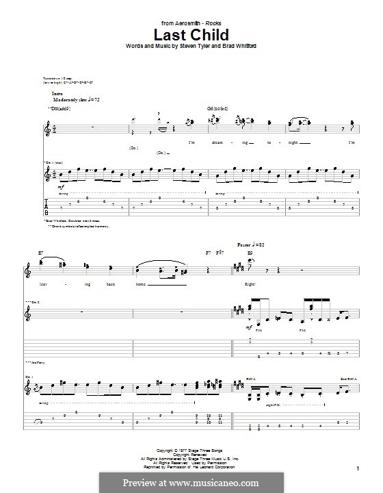 Last Child (Aerosmith) by B. Whitford, S. Tyler sheet music on MusicaNeo