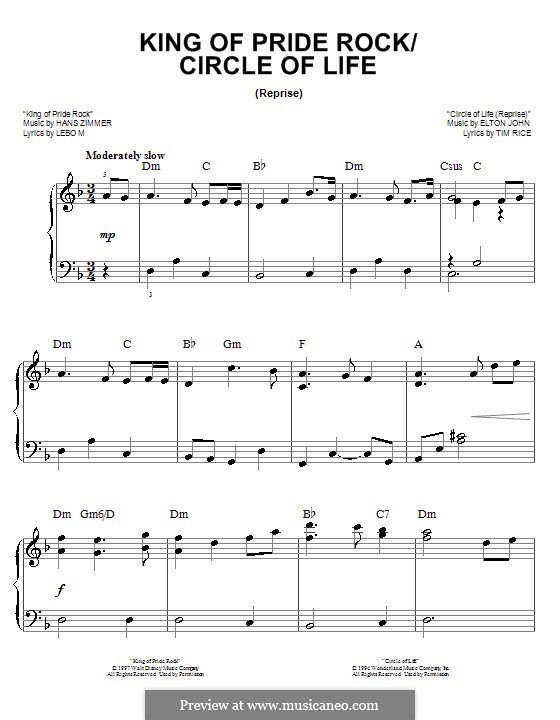 King of Pride Rock: For easy piano by Elton John, Hans Zimmer