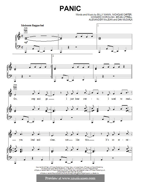 Panic (Backstreet Boys): For voice and piano (or guitar) by Alexander McLean, Billy Mann, Brian T. Littrell, Dan Muckala, Howard Dorough, Nick Carter