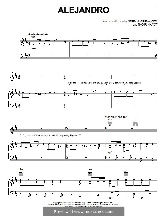 Alejandro (Lady Gaga): For voice and piano (or guitar) by RedOne, Stefani Germanotta
