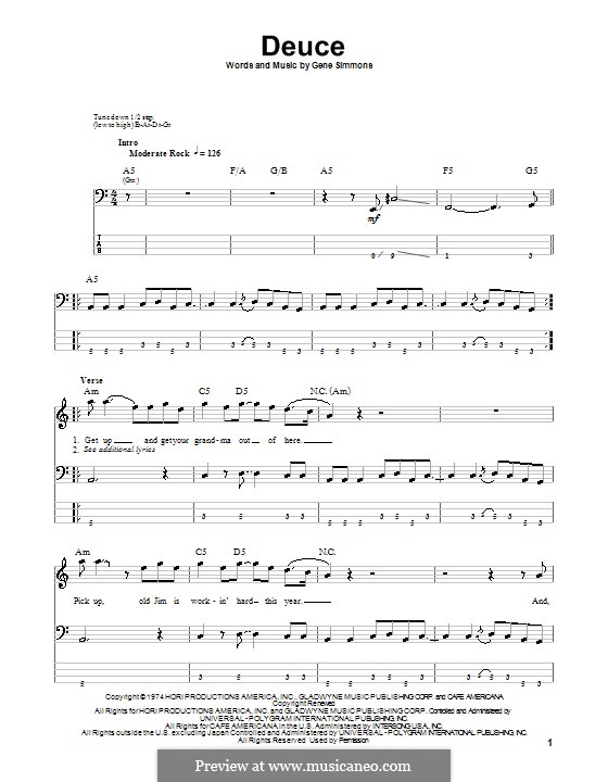 Deuce (KISS): For bass guitar with tab by Gene Simmons