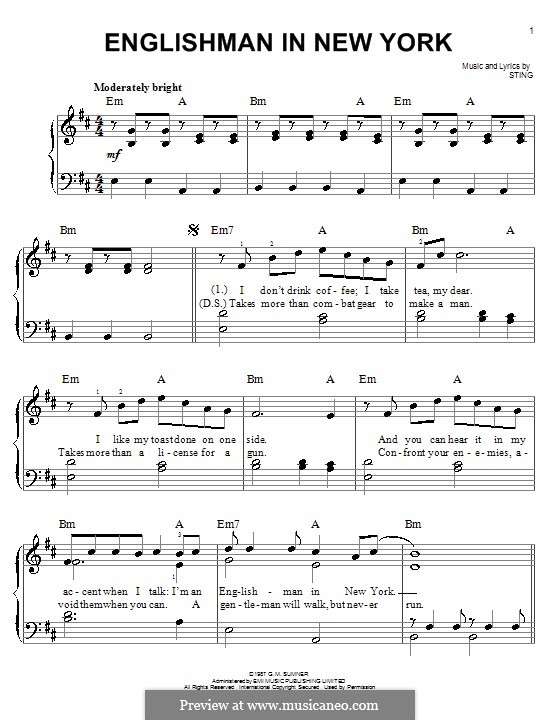 An Englishman In New York by Sting sheet music on MusicaNeo