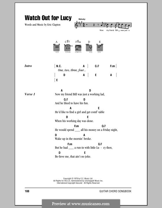 Watch Out for Lucy: Lyrics and chords (with chord boxes) by Eric Clapton