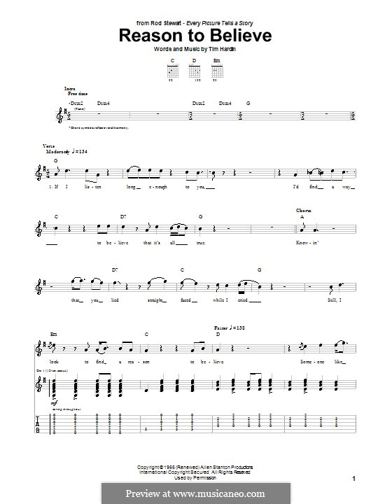 Reason To Believe by T. Hardin - sheet music on MusicaNeo
