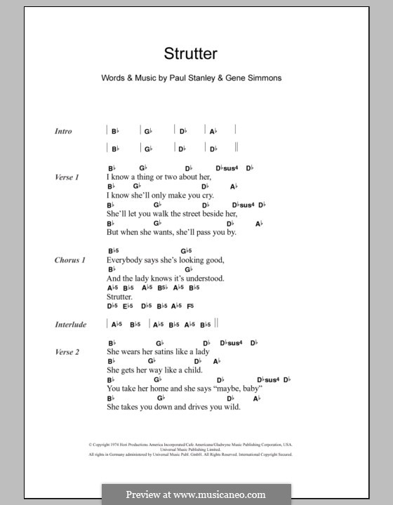 Strutter (KISS): Lyrics and chords by Gene Simmons, Paul Stanley