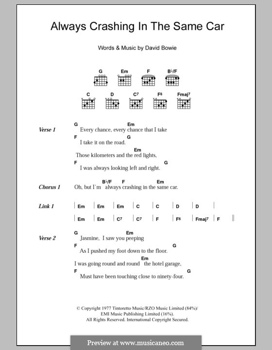 Always Crashing in the Same Car by D. Bowie sheet music on MusicaNeo