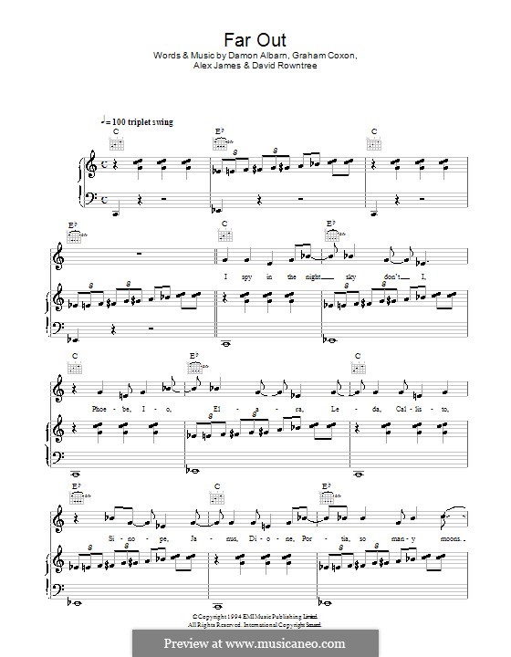 Far Out (Blur): For voice and piano (or guitar) by Alex James, Damon Albarn, David Rowntree, Graham Coxon