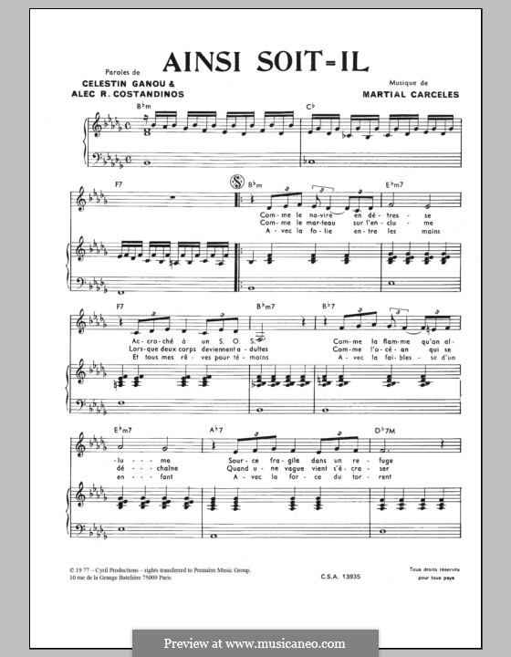 Ainsi Soit Il (As It Must Be) by M. Carceles sheet music on MusicaNeo