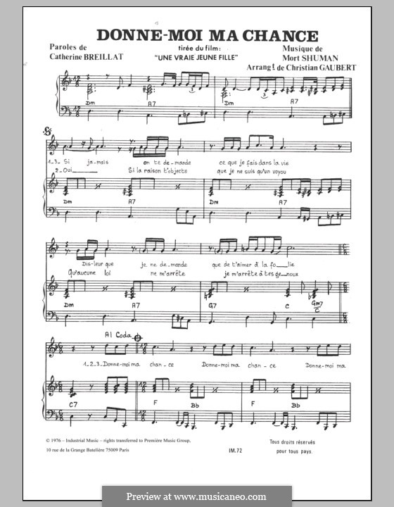 Donne Moi Ma Chance by M. Shuman sheet music on MusicaNeo