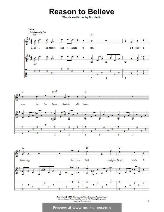 Reason To Believe by T. Hardin - sheet music on MusicaNeo