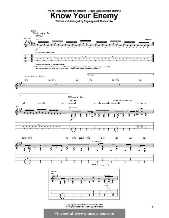 Know Your Enemy by Rage Against The Machine sheet music on MusicaNeo