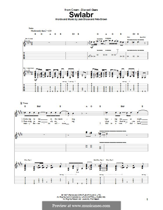 Swlabr (Cream) by J. Bruce, P. Brown sheet music on MusicaNeo