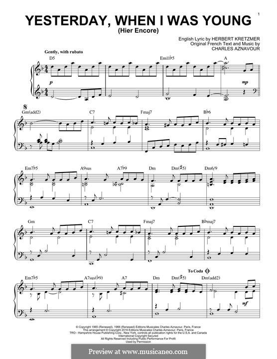 Yesterday When I Was Young by C. Aznavour sheet music on MusicaNeo