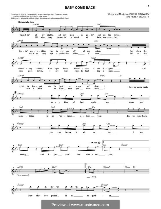 Baby Come Back (Player) by J.C. Crowley, P. Beckett on MusicaNeo