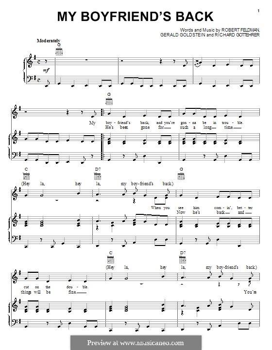 My Boyfriend's Back (The Angels): For voice and piano (or guitar) by Gerald Goldstein, Richard Gottehrer, Robert Feldman
