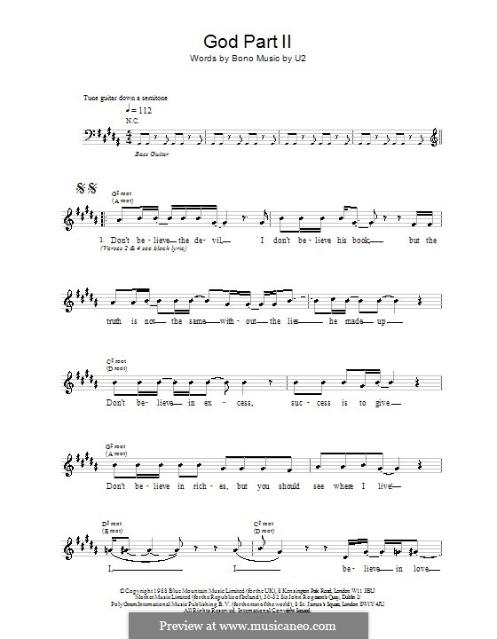 God Part II: Melody line, lyrics and chords by U2