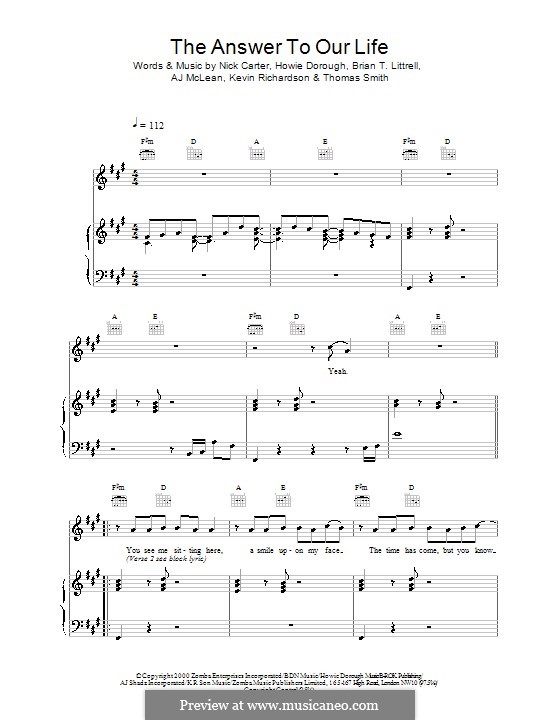 The Answer to Our Life (Backstreet Boys): For voice and piano (or guitar) by Howard Dorough, Nick Carter