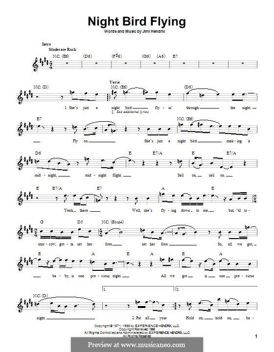 Night Bird Flying: Melody line, lyrics and chords by Jimi Hendrix