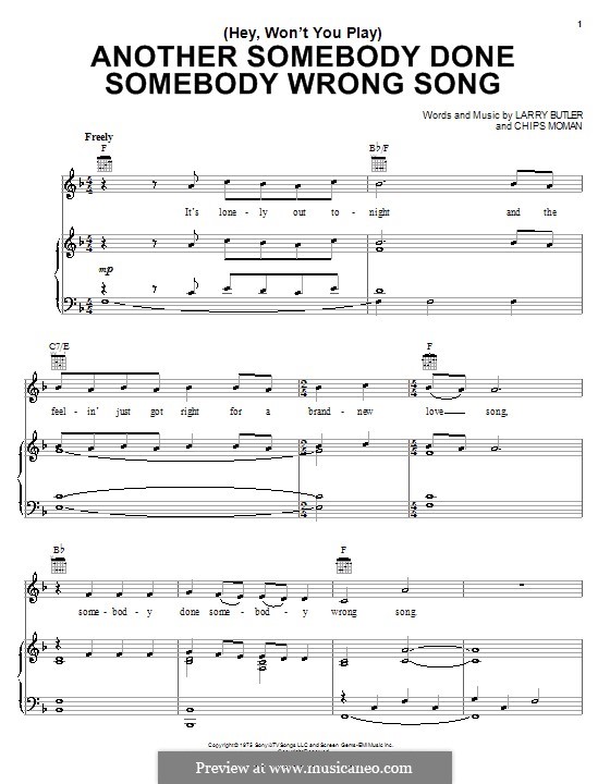(Hey, Won't You Play) Another Somebody Done Somebody Wrong Song: Für Stimme und Klavier (oder Gitarre) by Chips Moman, Larry Butler