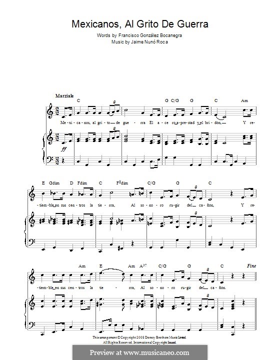 Mexicanos, Al Grito De Guerra (Mexican National Anthem): Für Stimme und Klavier (oder Gitarre) by Jaime Nuno Roca