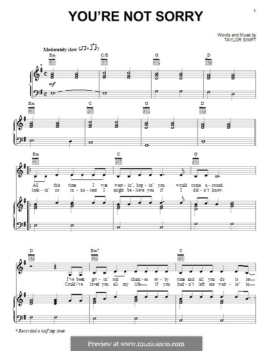 You're Not Sorry: Für Stimme und Klavier (oder Gitarre) by Taylor Swift