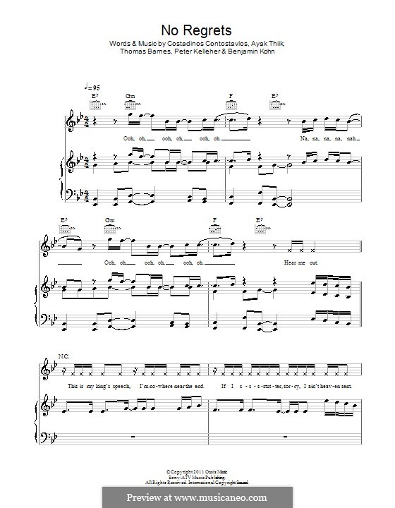 No Regrets (Dappy): Für Stimme und Klavier (oder Gitarre) by Ayak Thiik, Benjamin Kohn, Costadinos Contostavlos, Peter Kelleher, Thomas Barnes