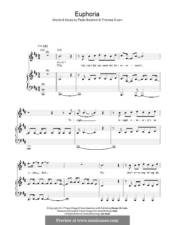 Euphoria (Loreen): Für Stimme und Klavier (oder Gitarre) by Peter Bostrom, Thomas Gustafsson