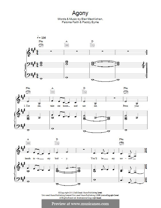 Agony: Für Stimme und Klavier (oder Gitarre) by Blair MacKichan, Paddy Byrne, Paloma Faith