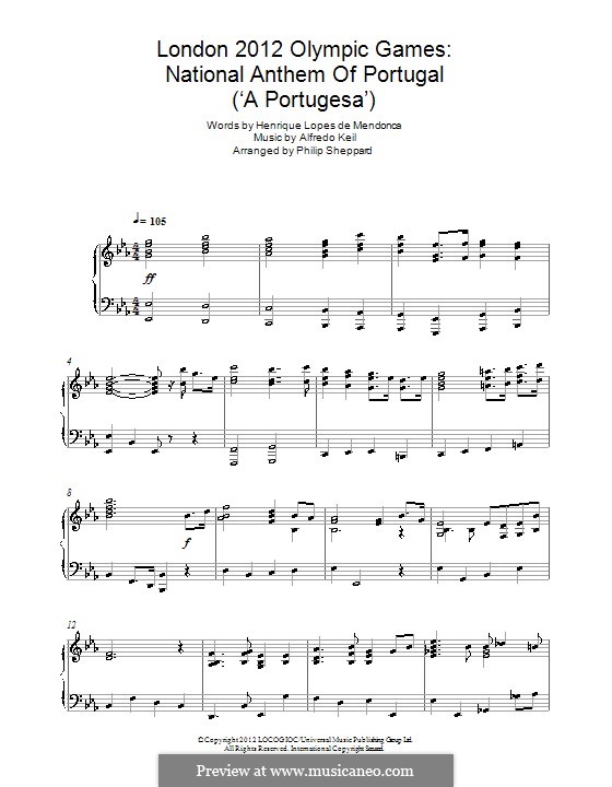 London 2012 Olympic Games: National Anthem of Portugal ('A Portugesa'): Für Klavier by Alfredo Keil
