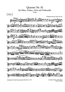 Quartett No.30 in F-dur für Oboe und Streicher (Stimmen), K.370