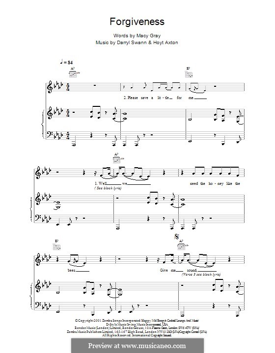 Forgiveness (Macy  Gray): Für Stimme und Klavier (oder Gitarre) by Darryl Swann, Hoyt Axton