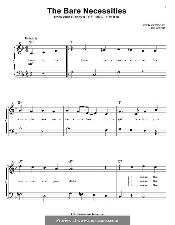 The Bare Necessities (from Disney's The Jungle Book): Für Klavier (leicht, mit Text) by Terry Gilkyson