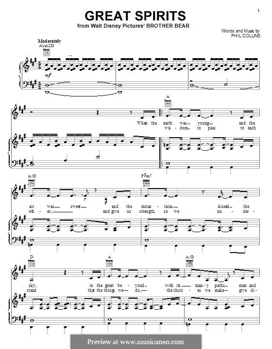 Great Spirits (from Walt Disney's Brother Bear): Für Stimme und Klavier (oder Gitarre) by Phil Collins