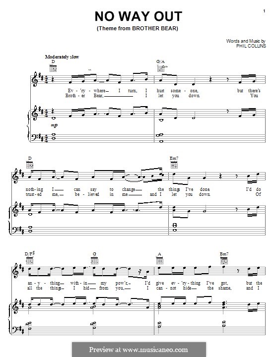 No Way Out (Theme from Walt Disney's Brother Bear): Für Stimme und Klavier (oder Gitarre) by Phil Collins