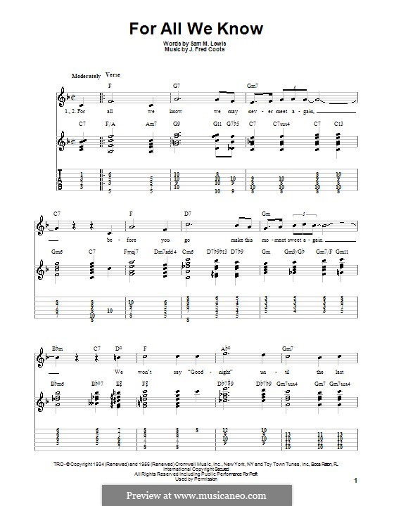 For All We Know: Easy guitar tab by J. Fred Coots