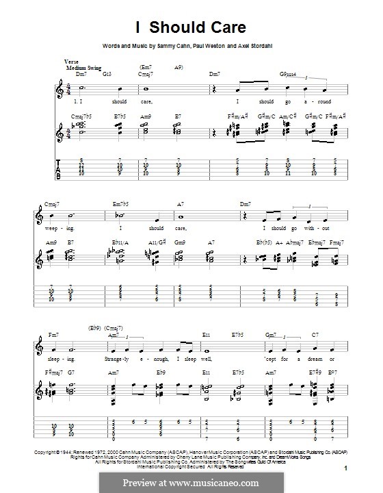 I Should Care: For guitar (very easy version) by Axel Stordahl, Paul Weston, Sammy Cahn