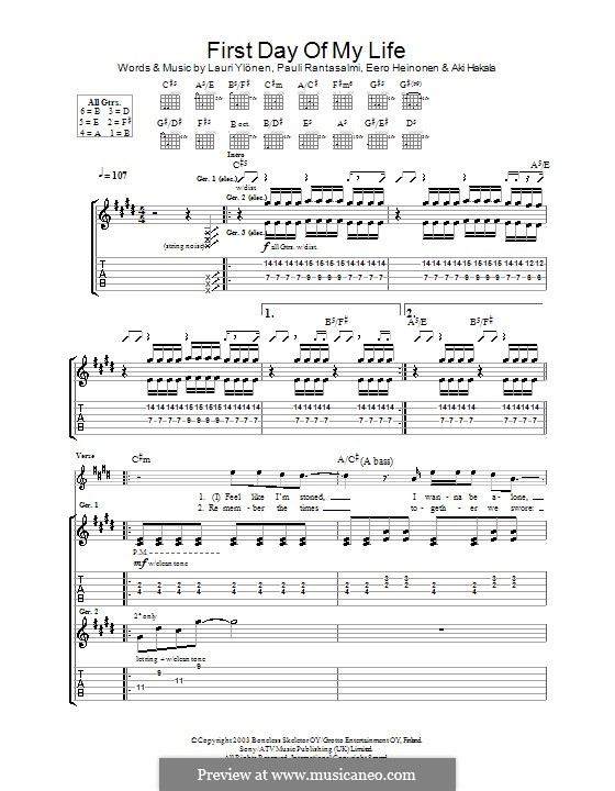 First Day of My Life (The Rasmus): For guitar with tab by Eero Heinonen, Lauri Ylönen, Pauli Rantasalmi