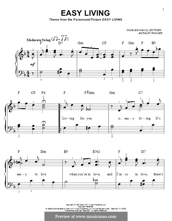 Easy Living (Billie Holiday): For easy piano by Leo Robin, Ralph Rainger