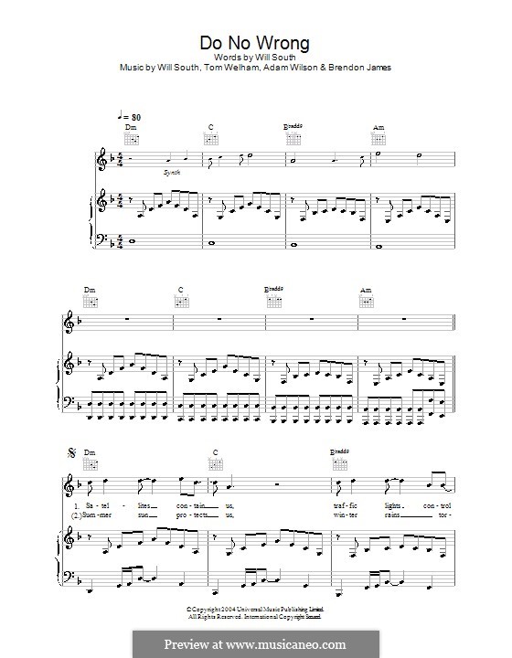 Do No Wrong (Thirteen Senses): For voice and piano (or guitar) by Adam Wilson, Brendon James, Tom Welham, Will South