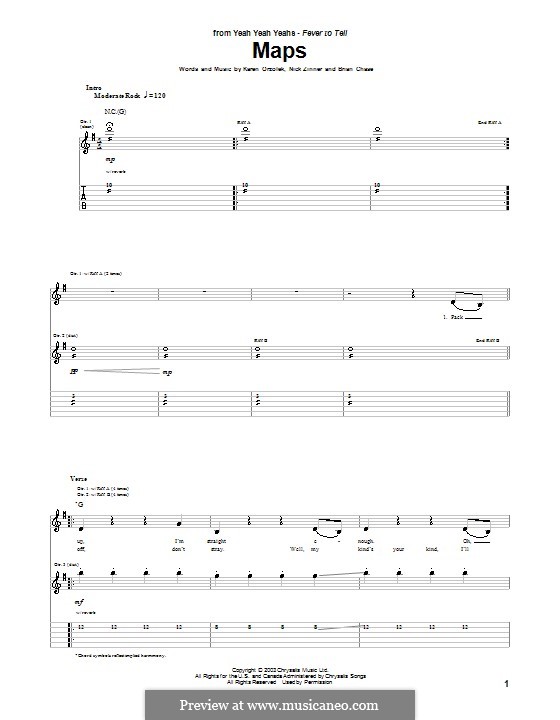 Maps (Yeah Yeah Yeahs): For guitar with tab by Brian Chase, Karen O, Nicholas Zinner