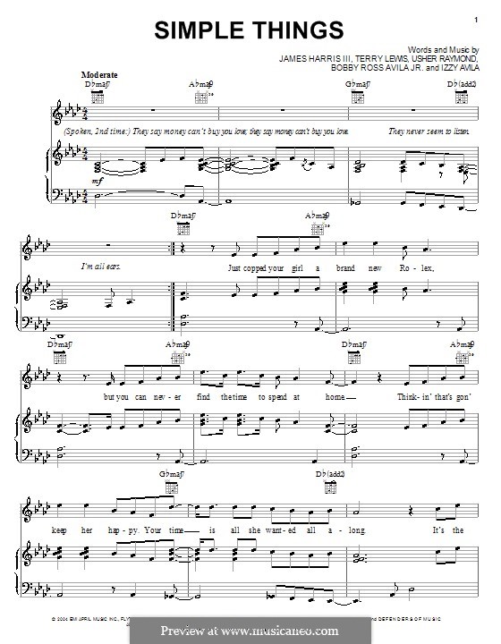 Simple Things (Usher): For voice and piano (or guitar) by Bobby Avila, Izzy Avila, James Samuel Harris III, Terry Lewis
